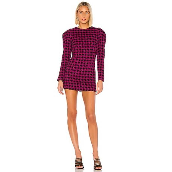 House of Harlow x Revolve Loui Houndstooth Tweed Fuchsia Black Dress M NWT - Picture 2 of 12